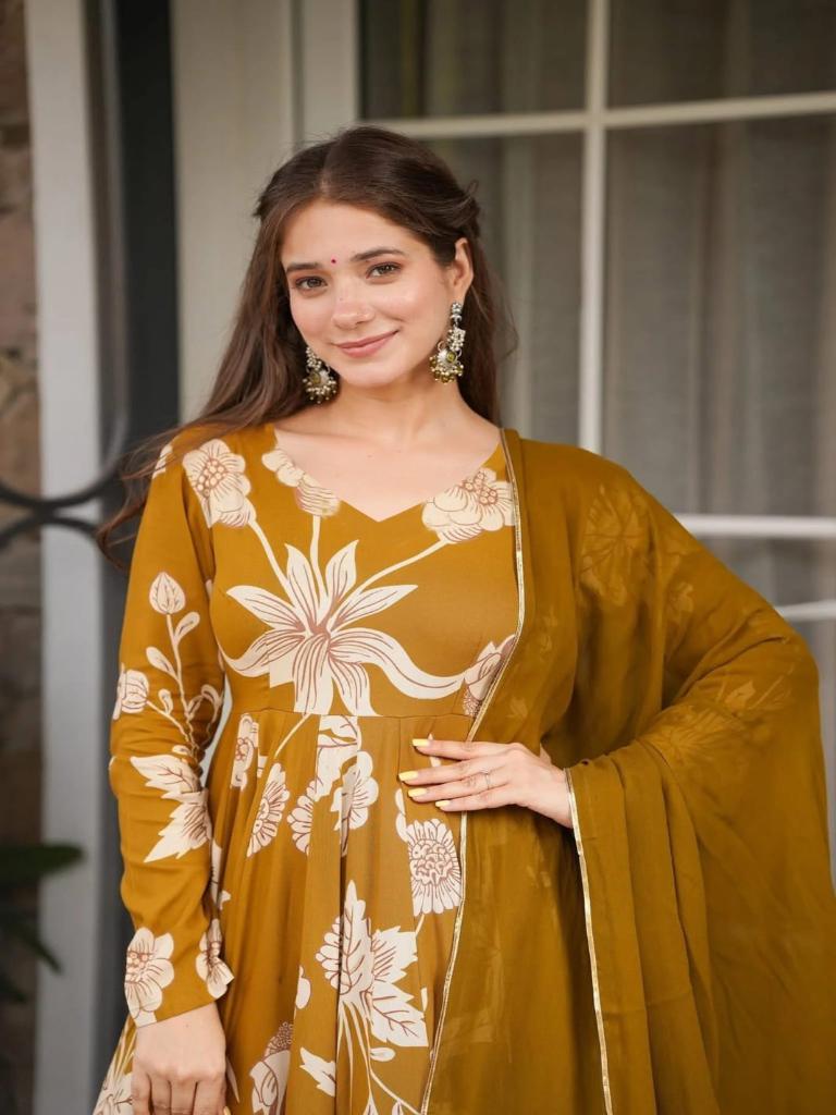 Women Mustard Floral Printed Anarkali Kurta Set with Dupatta
