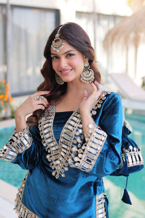 Women’s Teal Blue Embroidered Kurta Set with Sharara