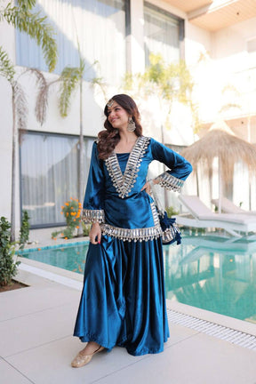 Women’s Teal Blue Embroidered Kurta Set with Sharara