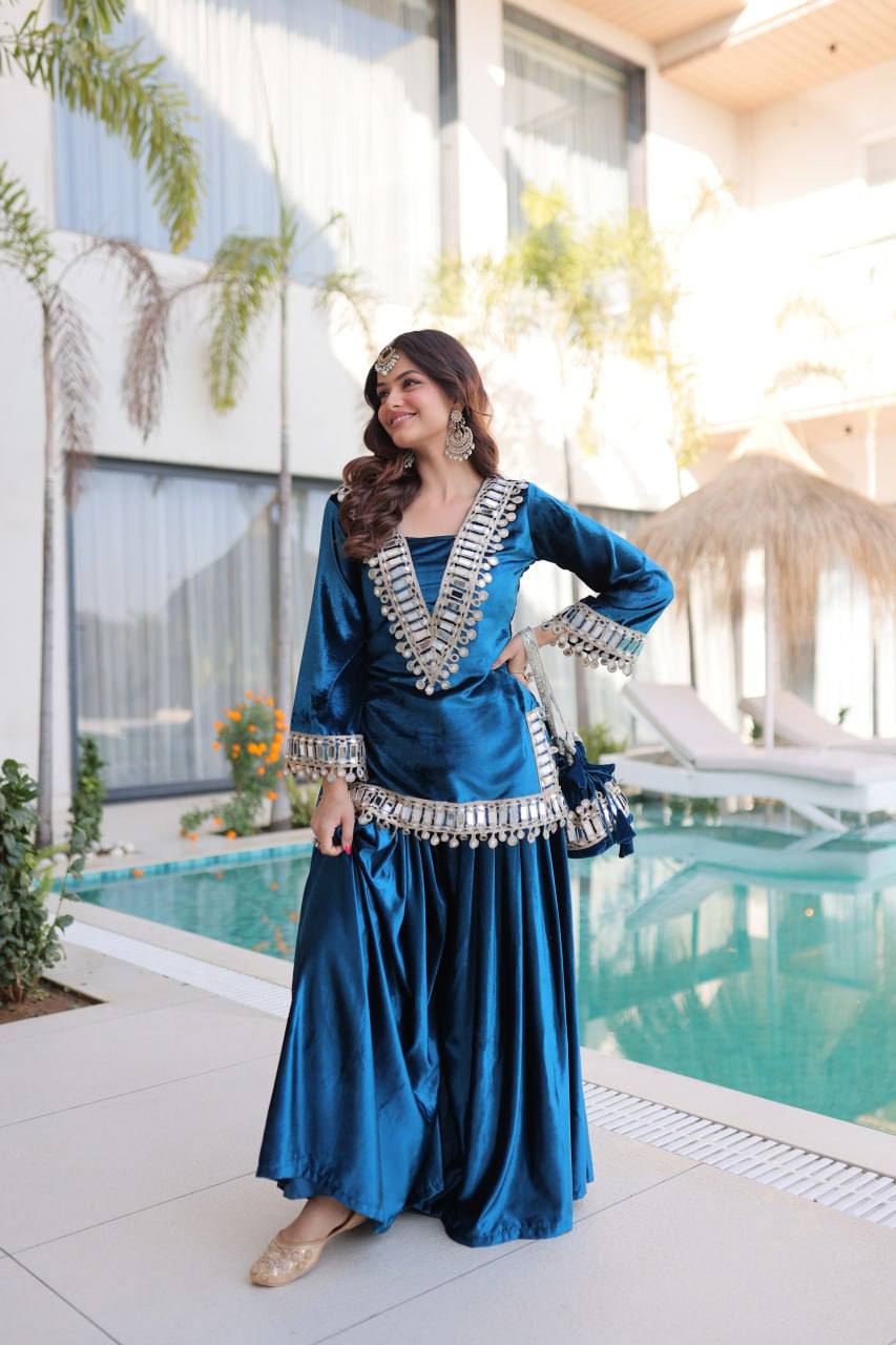 Women’s Teal Blue Embroidered Kurta Set with Sharara