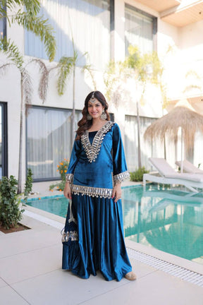 Women’s Teal Blue Embroidered Kurta Set with Sharara