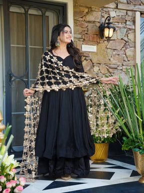 Women’s Black Anarkali Kurta Set with Embellished Net Dupatta