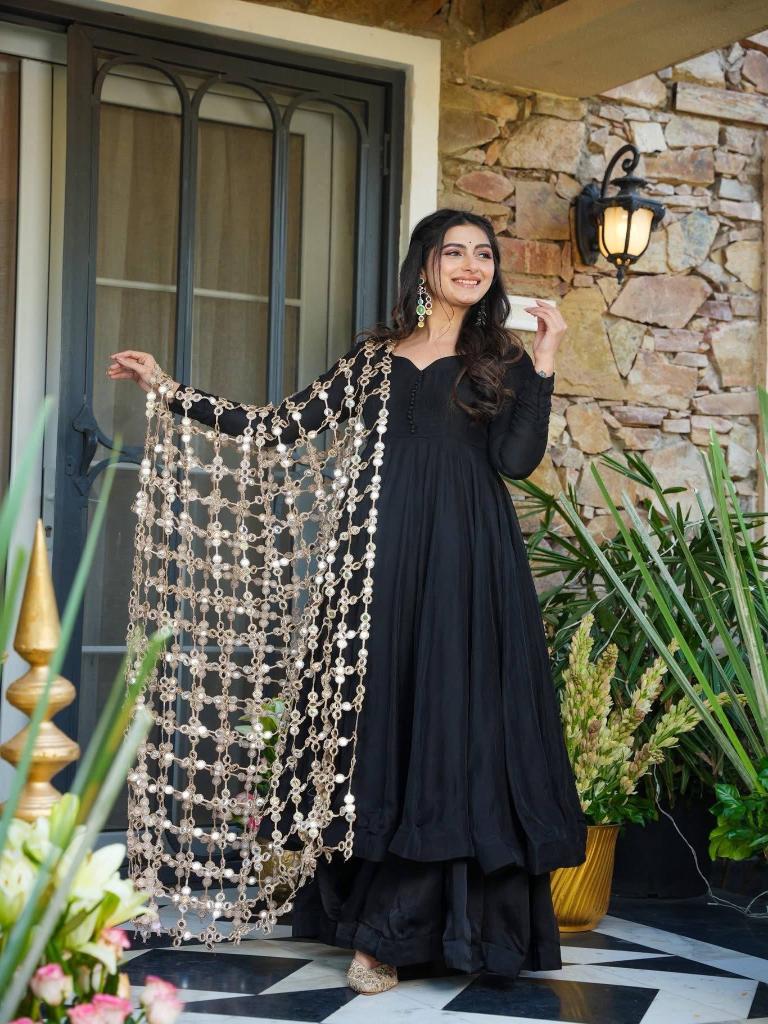 Women’s Black Anarkali Kurta Set with Embellished Net Dupatta