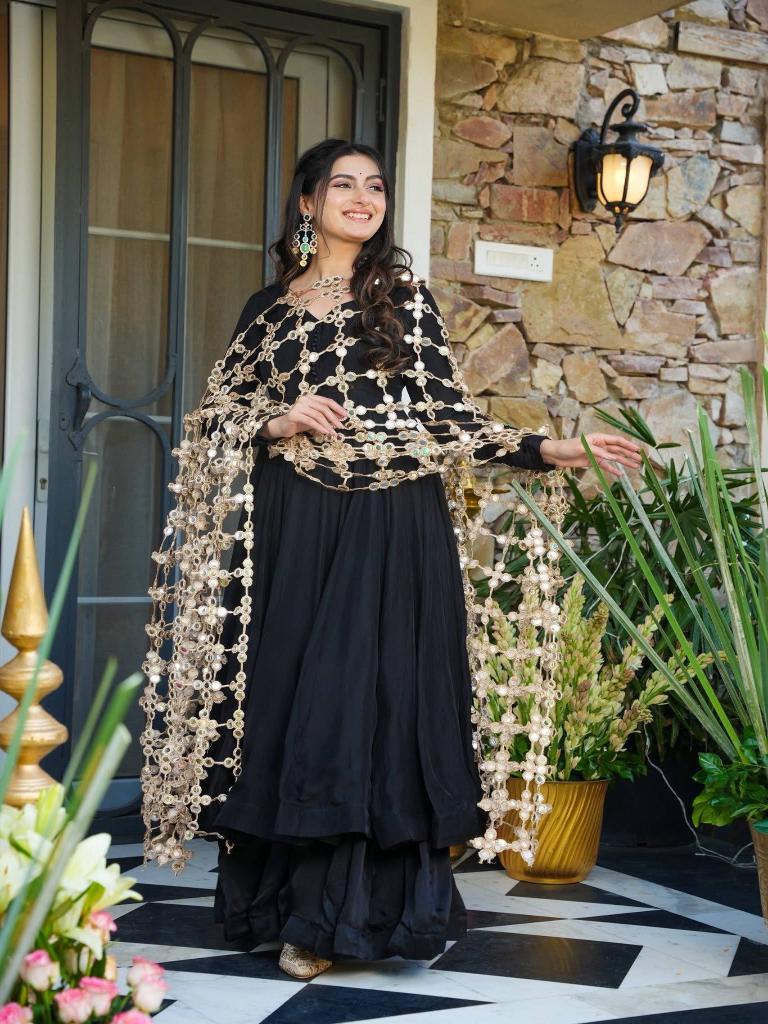 Women’s Black Anarkali Kurta Set with Embellished Net Dupatta