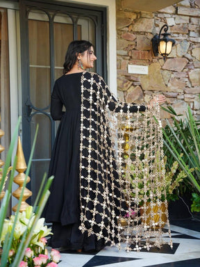 Women’s Black Anarkali Kurta Set with Embellished Net Dupatta