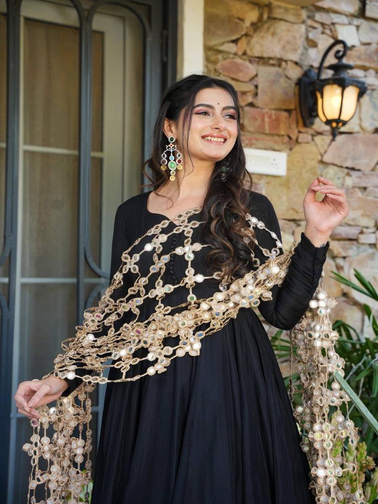 Women’s Black Anarkali Kurta Set with Embellished Net Dupatta