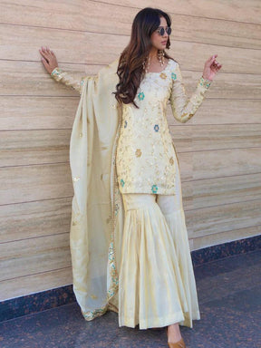 Women’s Cream Embroidered Kurta Set with Sharara & Dupatta