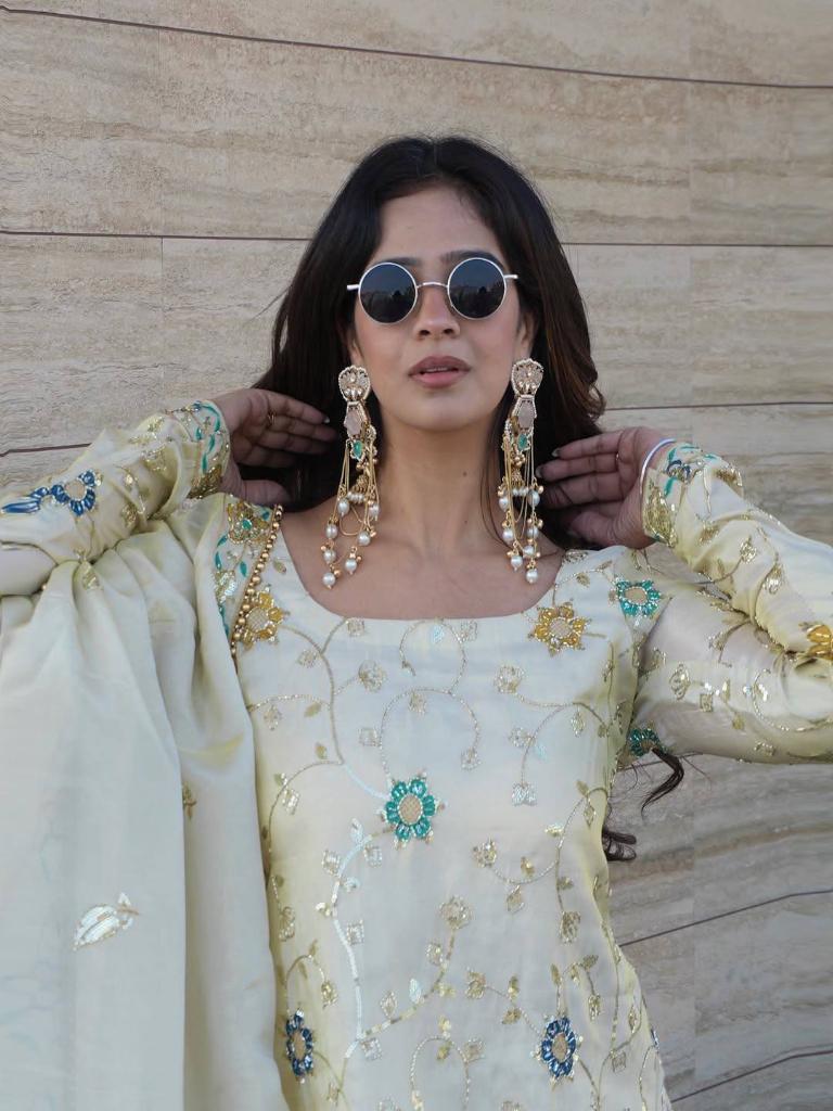 Women’s Cream Embroidered Kurta Set with Sharara & Dupatta