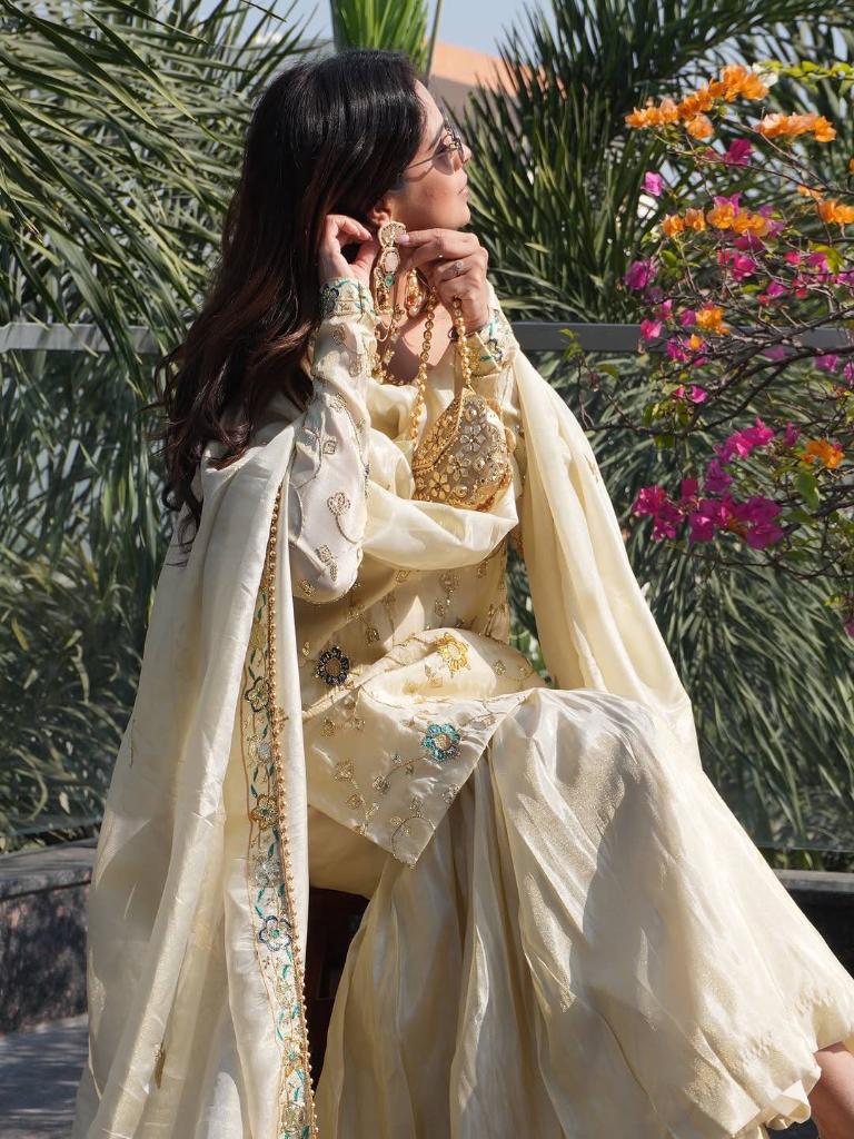 Women’s Cream Embroidered Kurta Set with Sharara & Dupatta