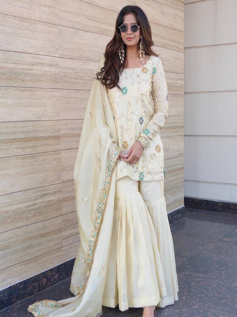 Women’s Cream Embroidered Kurta Set with Sharara & Dupatta