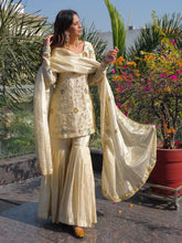 Women’s Cream Embroidered Kurta Set with Sharara & Dupatta