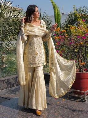 Women’s Cream Embroidered Kurta Set with Sharara & Dupatta