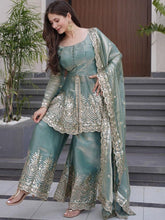 Women’s Sea Green Embroidered Kurta Set with Palazzo & Dupatta