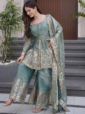 Women’s Sea Green Embroidered Kurta Set with Palazzo & Dupatta