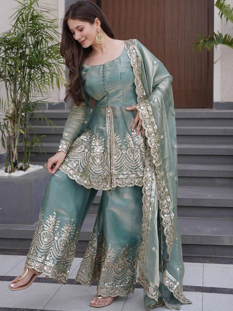 Women’s Sea Green Embroidered Kurta Set with Palazzo & Dupatta
