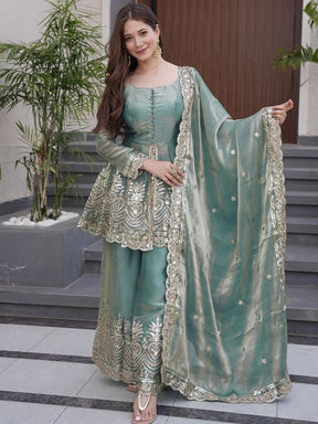 Women’s Sea Green Embroidered Kurta Set with Palazzo & Dupatta