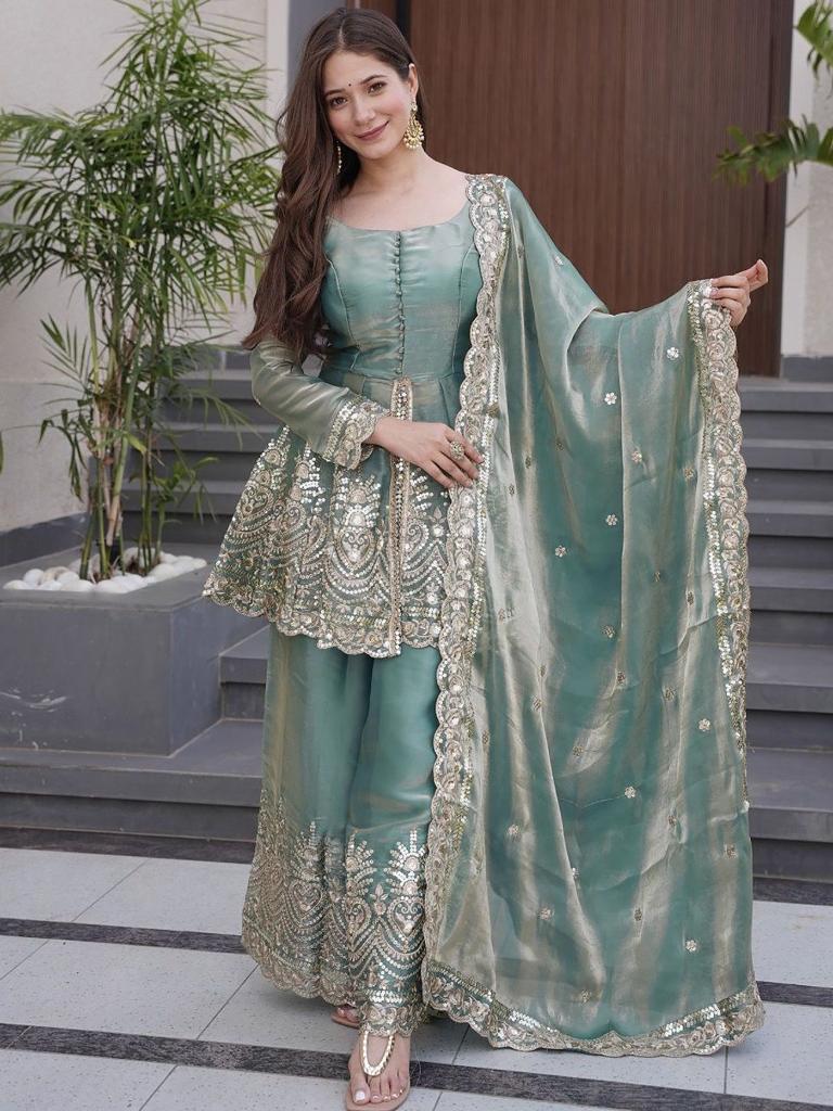 Women’s Sea Green Embroidered Kurta Set with Palazzo & Dupatta