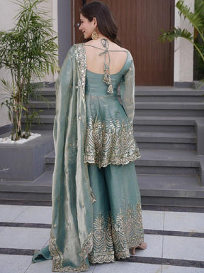 Women’s Sea Green Embroidered Kurta Set with Palazzo & Dupatta