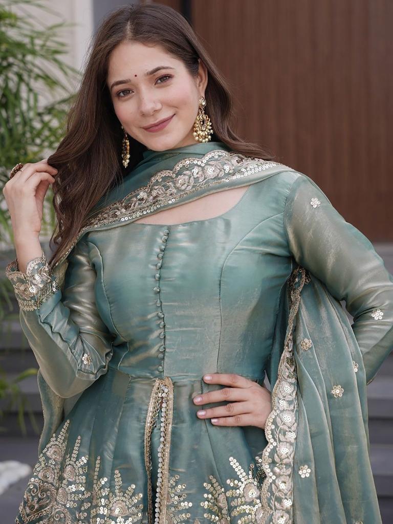Women’s Sea Green Embroidered Kurta Set with Palazzo & Dupatta