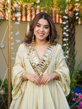 Women’s Ivory Mirror Work Anarkali Kurta Set with Palazzo & Dupatta