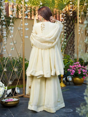 Women’s Ivory Mirror Work Anarkali Kurta Set with Palazzo & Dupatta