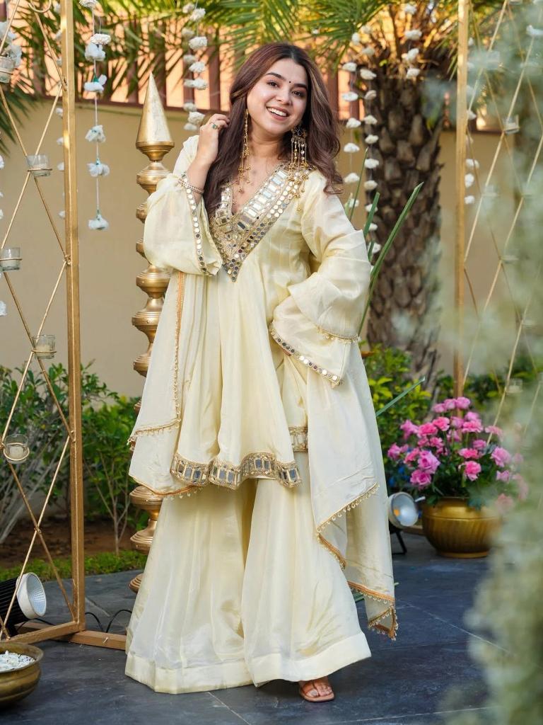 Women’s Ivory Mirror Work Anarkali Kurta Set with Palazzo & Dupatta