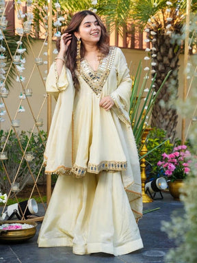 Women’s Ivory Mirror Work Anarkali Kurta Set with Palazzo & Dupatta
