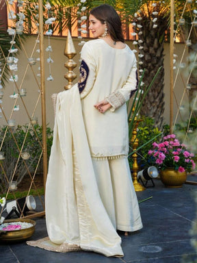 Women’s Cream & Navy Blue Embroidered Kurta Set with Palazzo & Dupatta