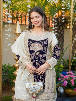 Women’s Cream & Navy Blue Embroidered Kurta Set with Palazzo & Dupatta