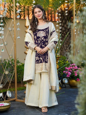 Women’s Cream & Navy Blue Embroidered Kurta Set with Palazzo & Dupatta
