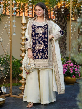 Women’s Cream & Navy Blue Embroidered Kurta Set with Palazzo & Dupatta