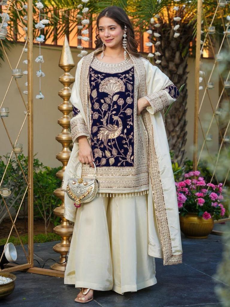 Women’s Cream & Navy Blue Embroidered Kurta Set with Palazzo & Dupatta