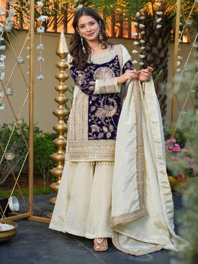Women’s Cream & Navy Blue Embroidered Kurta Set with Palazzo & Dupatta
