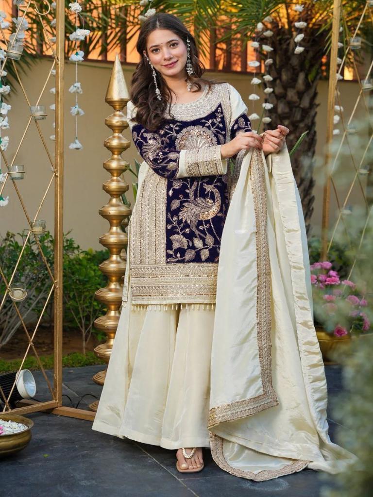 Women’s Cream & Navy Blue Embroidered Kurta Set with Palazzo & Dupatta