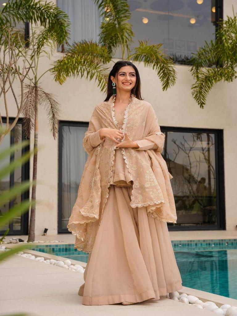 Women’s Beige Embroidered Kurta Set with Palazzo & Dupatta