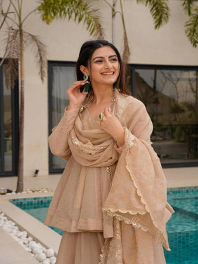 Women’s Beige Embroidered Kurta Set with Palazzo & Dupatta
