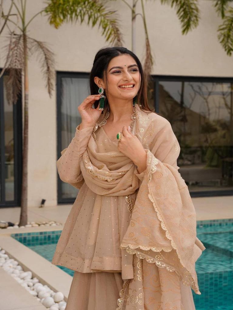 Women’s Beige Embroidered Kurta Set with Palazzo & Dupatta