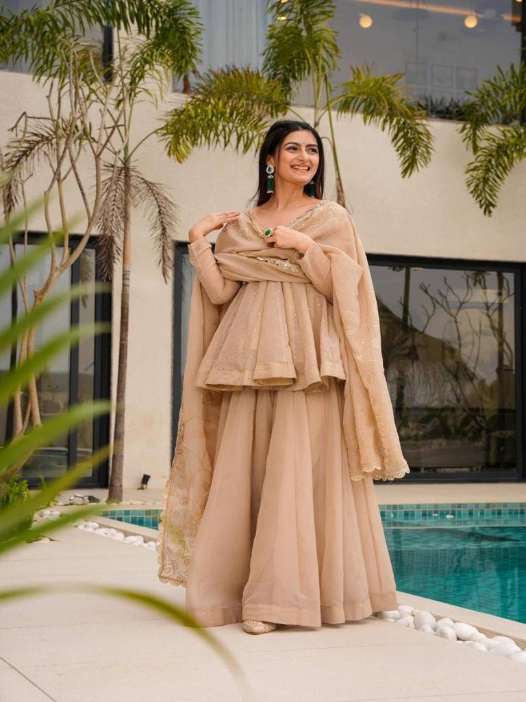 Women’s Beige Embroidered Kurta Set with Palazzo & Dupatta