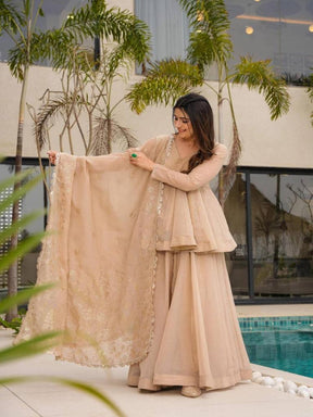 Women’s Beige Embroidered Kurta Set with Palazzo & Dupatta