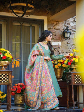 Women’s Teal Green Anarkali Kurta Set with Printed Dupatta