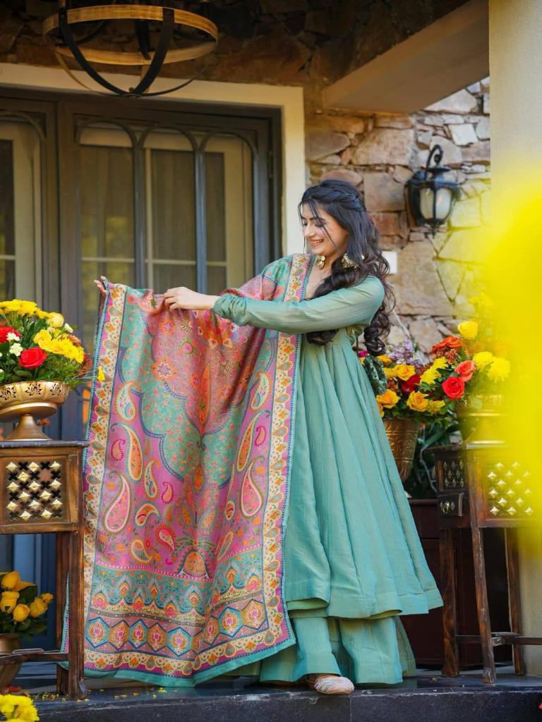 Women’s Teal Green Anarkali Kurta Set with Printed Dupatta