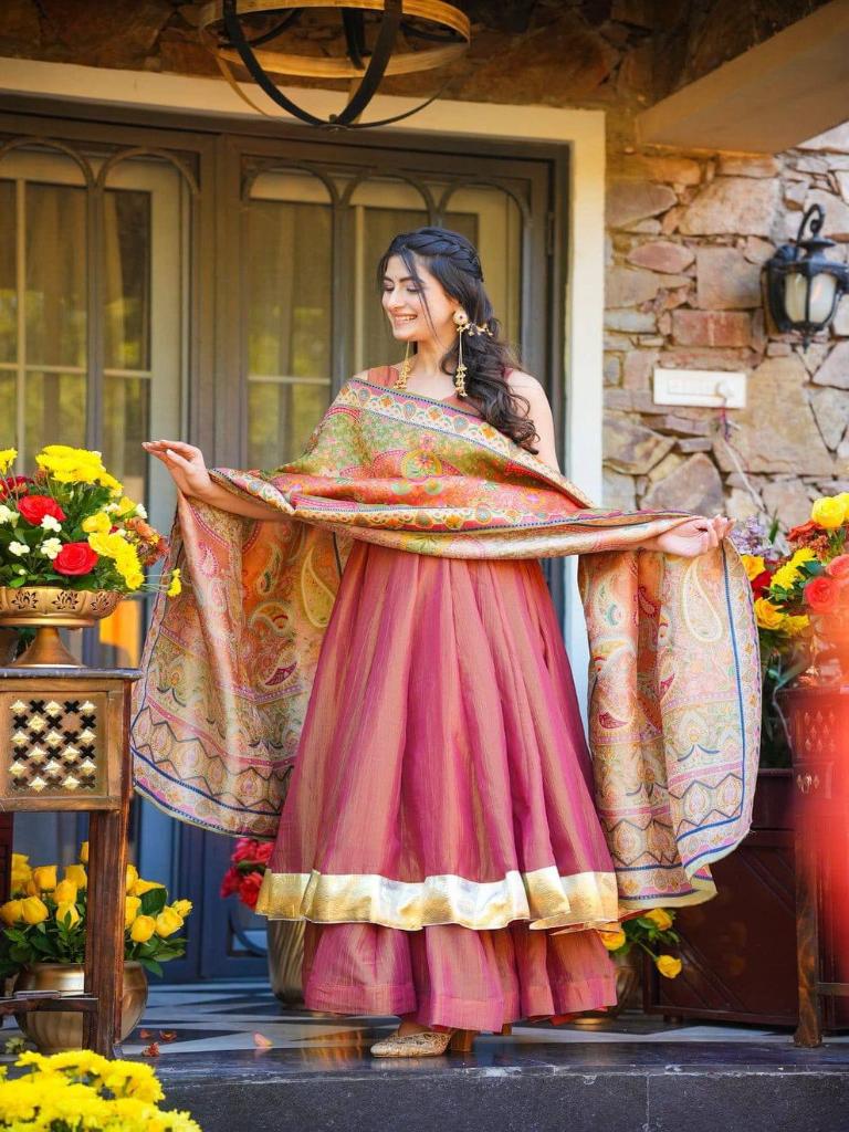 Women’s Rose Pink Anarkali Kurta Set with Dupatta