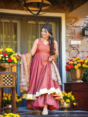 Women’s Rose Pink Anarkali Kurta Set with Dupatta