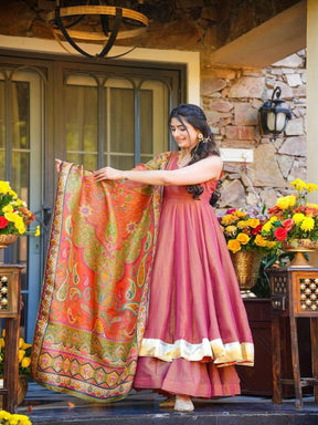 Women’s Rose Pink Anarkali Kurta Set with Dupatta
