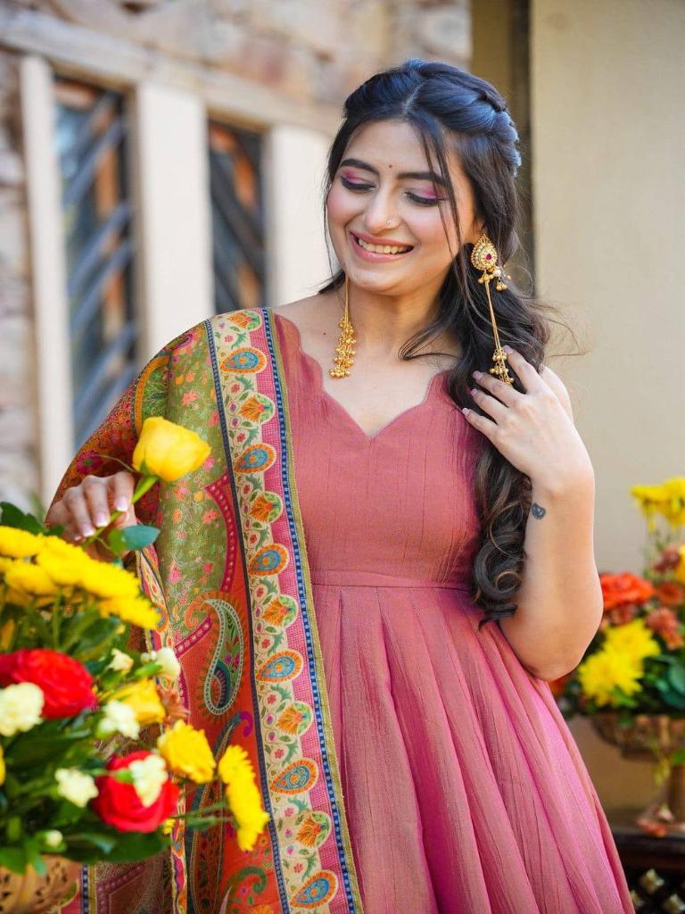 Women’s Rose Pink Anarkali Kurta Set with Dupatta