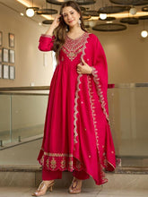 Women’s Red Embroidered Anarkali Kurta Set with Dupatta