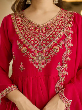Women’s Red Embroidered Anarkali Kurta Set with Dupatta