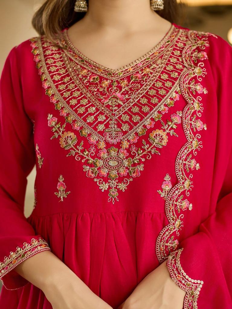 Women’s Red Embroidered Anarkali Kurta Set with Dupatta