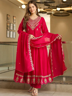 Women’s Red Embroidered Anarkali Kurta Set with Dupatta