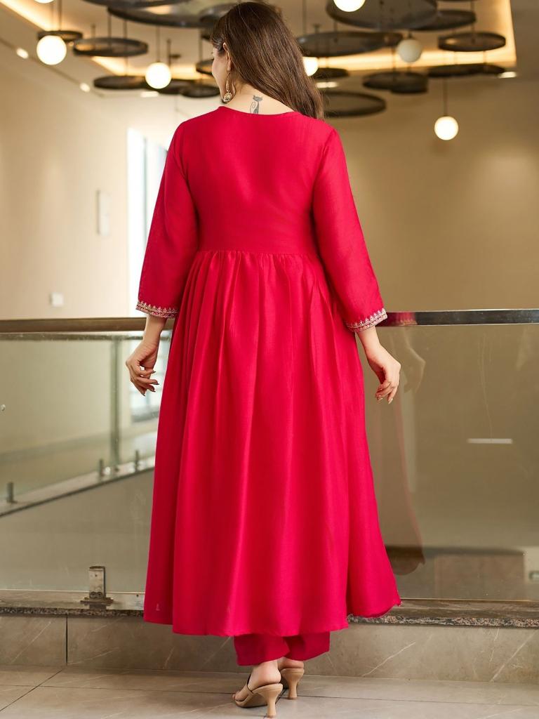 Women’s Red Embroidered Anarkali Kurta Set with Dupatta